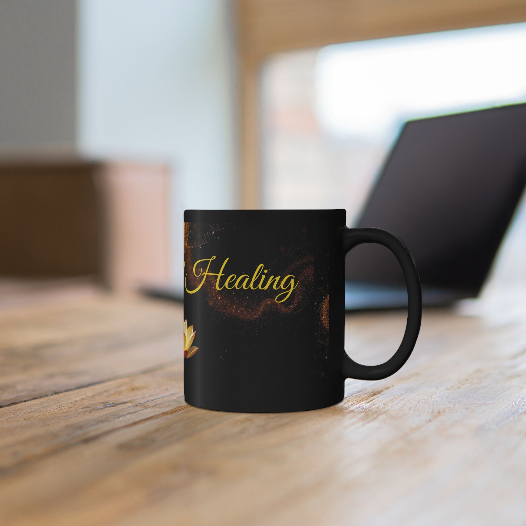 Black and Healing Lotus Mug | Spiritual Healing Black Mug